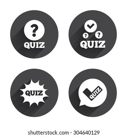 Quiz icons. Speech bubble with check mark symbol. Explosion boom sign. Circles buttons with long flat shadow. Vector