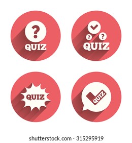 Quiz icons. Speech bubble with check mark symbol. Explosion boom sign. Pink circles flat buttons with shadow. Vector