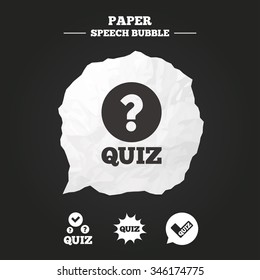 Quiz icons. Speech bubble with check mark symbol. Explosion boom sign. Paper speech bubble with icon.