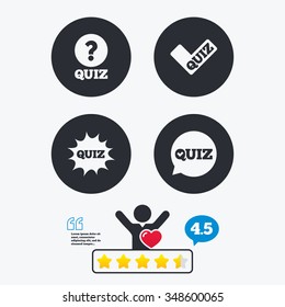 Quiz icons. Speech bubble with check mark symbol. Explosion boom sign. Star vote ranking. Client like and think bubble. Quotes with message.