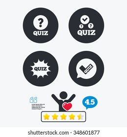Quiz icons. Speech bubble with check mark symbol. Explosion boom sign. Star vote ranking. Client like and think bubble. Quotes with message.
