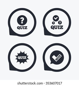 Quiz icons. Speech bubble with check mark symbol. Explosion boom sign. Flat icon pointers.