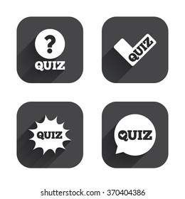 Quiz icons. Speech bubble with check mark symbol. Explosion boom sign. Square flat buttons with long shadow.