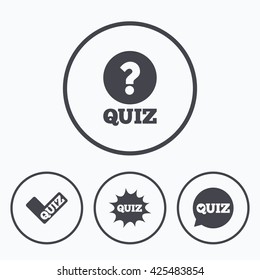 Quiz icons. Speech bubble with check mark symbol. Explosion boom sign. Icons in circles.