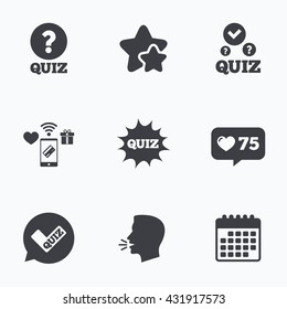 Quiz icons. Speech bubble with check mark symbol. Explosion boom sign. Flat talking head, calendar icons. Stars, like counter icons. Vector