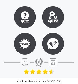 Quiz icons. Speech bubble with check mark symbol. Explosion boom sign. Chat, award medal and report linear icons. Star vote ranking. Vector