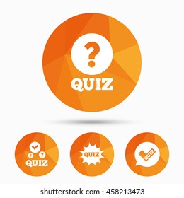 Quiz icons. Speech bubble with check mark symbol. Explosion boom sign. Triangular low poly buttons with shadow. Vector
