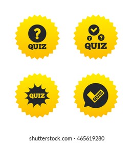 Quiz icons. Speech bubble with check mark symbol. Explosion boom sign. Yellow stars labels with flat icons. Vector