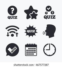 Quiz icons. Speech bubble with check mark symbol. Explosion boom sign. Wifi internet, favorite stars, calendar and clock. Talking head. Vector