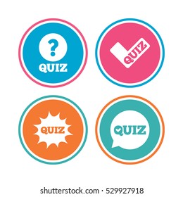 Quiz icons. Speech bubble with check mark symbol. Explosion boom sign. Colored circle buttons. Vector