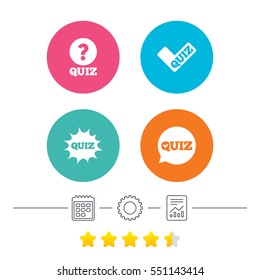 Quiz icons. Speech bubble with check mark symbol. Explosion boom sign. Calendar, cogwheel and report linear icons. Star vote ranking. Vector
