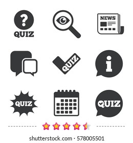 Quiz icons. Speech bubble with check mark symbol. Explosion boom sign. Newspaper, information and calendar icons. Investigate magnifier, chat symbol. Vector