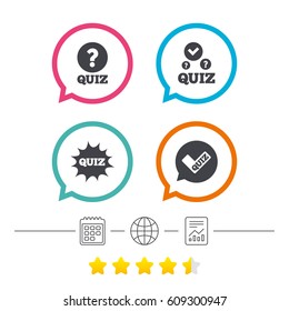 Quiz icons. Speech bubble with check mark symbol. Explosion boom sign. Calendar, internet globe and report linear icons. Star vote ranking. Vector