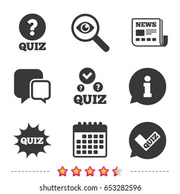 Quiz icons. Speech bubble with check mark symbol. Explosion boom sign. Newspaper, information and calendar icons. Investigate magnifier, chat symbol. Vector
