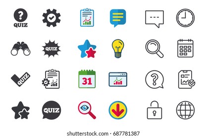 Quiz icons. Speech bubble with check mark symbol. Explosion boom sign. Chat, Report and Calendar signs. Stars, Statistics and Download icons. Question, Clock and Globe. Vector