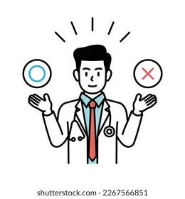A quiz illustration of health and medicine. Cartoon illustration depicting a male doctor giving a quiz and explaining.