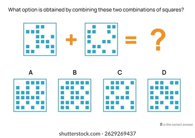 Quiz IQ questão de raciocínio lógico abstrato Qual opção é obtida pela combinação dessas duas combinações de quadrados?