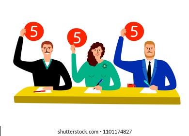 Quiz jury. Competition judge group sitting at table on white background, estimate and show opinion scorecards vector illustration