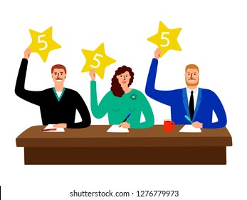Quiz jury. Competition judge group sitting at table and show opinion scorecards vector illustration. Competition jury with stars rating