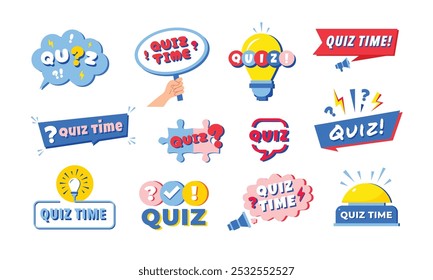 Quiz labels. Trivia question, test or erudite game emblem template with question mark, speech bubble frame, idea lamp, big button, puzzle and quiz time sign vector set.