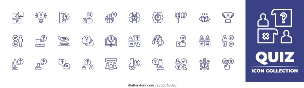 Quiz line icon collection. Editable stroke. Vector illustration. Containing puzzle piece, quiz, smartphone, wrong, sport, trivial, eye, trophy, choose, buzzer, book, competition, right, contestant.