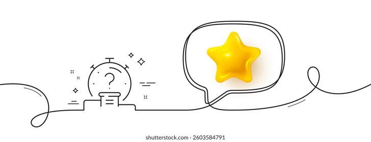 Quiz line icon. Continuous line with 3d star. Timer with question mark. Faq time symbol. 3d star in speech bubble. Quiz single line ribbon. Loop curve pattern. Vector