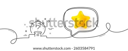 Quiz line icon. Continuous line with 3d star. Timer with question mark. Faq time symbol. 3d star in speech bubble. Quiz single line ribbon. Loop curve pattern. Vector