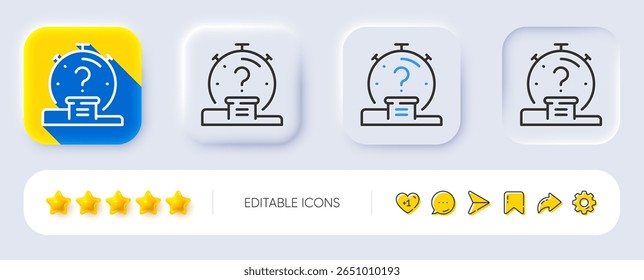 Quiz line icon. Neumorphic, Flat shadow, 3d buttons. Timer with question mark. Faq time symbol. Line quiz icon. Social media icons. Vector