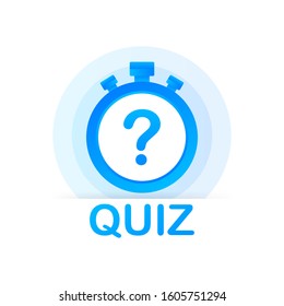 Quiz logo with clock, concept of questionnaire show sing, quiz button, question competition. Vector stock illustration.