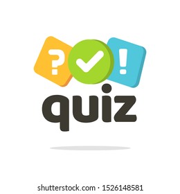 Quiz logo icon vector symbol, flat cartoon bubble speeches with question and check mark signs as competition game or interview logotype, poll or questionnaire modern creative insignia isolated