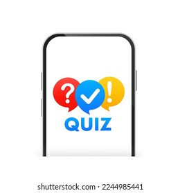 Quiz logo with phone popup symbols, questionnaire show concept, quiz button, question contest, exam, interview isolated on white background. Vector illustration