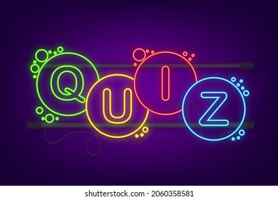 Quiz logo with speech bubble symbols, concept of questionnaire show sing, quiz button, question competition. Neon icon. Vector stock illustration