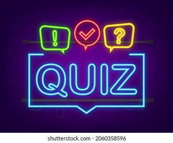 Quiz-Logo mit Sprudelsymbolen, Konzept der Fragebogenshow, Quiz-Taste, Fragewettbewerb. Neonsymbol. Vektorgrafik