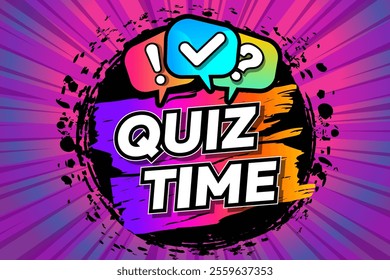 Quiz logo. Quiz time editable text, font effect, 3d text for title. Quiz time label with a question mark, an exclamation mark and a check mark. Quiz emblem for business, marketing and advertising. 