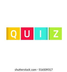 Quiz logo vector, questionnaire show icon concept, flat style quiz text on colorful game cubes isolated on white background