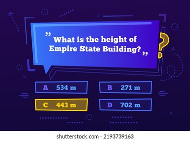 Quiz menu, test questions menu choice. Vector TV show or trivia game screen in funky style. Intellectual challenge contest, template, blue color layout with question and answer options in frames