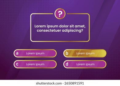 Teste de menu do questionário pergunta o jogo de trivialidades de escolha de menu. Layout de interface de teste para aplicativo móvel e da Web com tela de perguntas e respostas de testes. Modelo de jogo Trivia