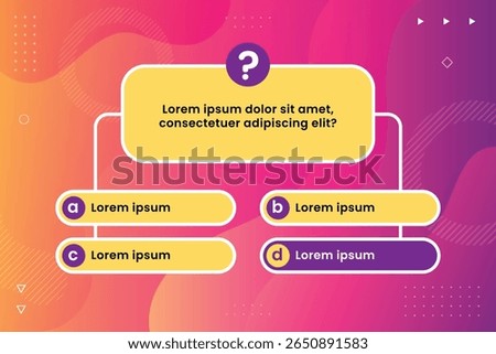 Quiz menu test questions menu choice trivia game. Quiz interface layout for web and mobile app with quizzes question and answer screen. Trivia game template