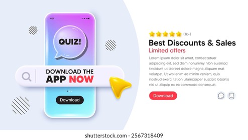 Quiz mobile phone banner. App chat speech bubble. Quiz tag. Answer question sign. Examination test symbol. Phone template with search bar. Download the app now. Vector