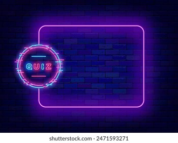 Quiz neon advertising. Television show and game. Guess song trivia night poster. Empty purple frame and typography with cyber circle. Funny competition. Editable stroke. Vector stock illustration
