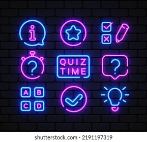 Quiz neon icons set. Quiz Time neon signs design template. Bright signboard, light banner, Isolated icon. Vector Illustration