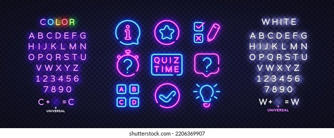 Juego de iconos de neón de prueba. Plantilla de diseño de signos de neón de Prueba Time. Cartel luminoso, cartel luminoso, icono aislado. Ilustración vectorial