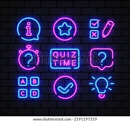 Quiz neon icons set. Quiz Time neon signs design template. Bright signboard, light banner, Isolated icon. Vector Illustration