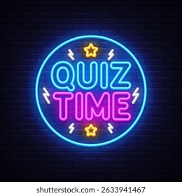 Quiz neon sign, glowing game night design. Vector illustration with vibrant text QUIZ TIME in neon style on dark background. Ideal for trivia, education, and entertainment visuals