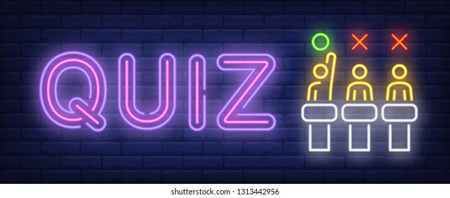 Quiz Neon Sign. Three Competitors On Brick Wall Background. Vector Illustration In Neon Style For Banners, Posters, Flyers, Billboards