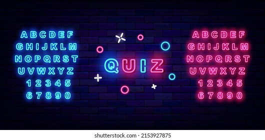 Quiz neon signboard. Shiny pink and blue alphabet. Exam concept. Outer glowing effect banner. Editable stroke. Vector stock illustration