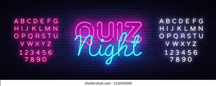 Quiz night announcement poster vector design template. Quiz night neon signboard, light banner. Pub quiz held in pub or bar, night club. Pub team game. Questions game. Vector. Editing text neon sign