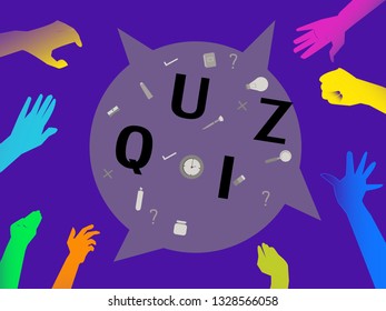 Quiz night announcement poster vector design template. Quiz night neon signboard, light banner. team game. Questions game. Vector.