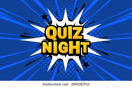 Quiz Night Banner In Pop Art Style On Blue Background. Vector Comics