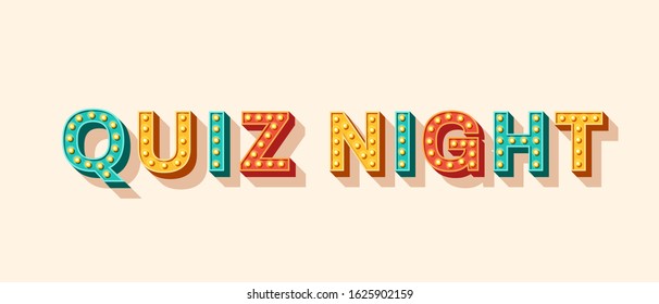 Quiz night banner with retro lettering. Typography 3d font with light bulbs. Casino style text isolated on white background. Fast questions and answers game.